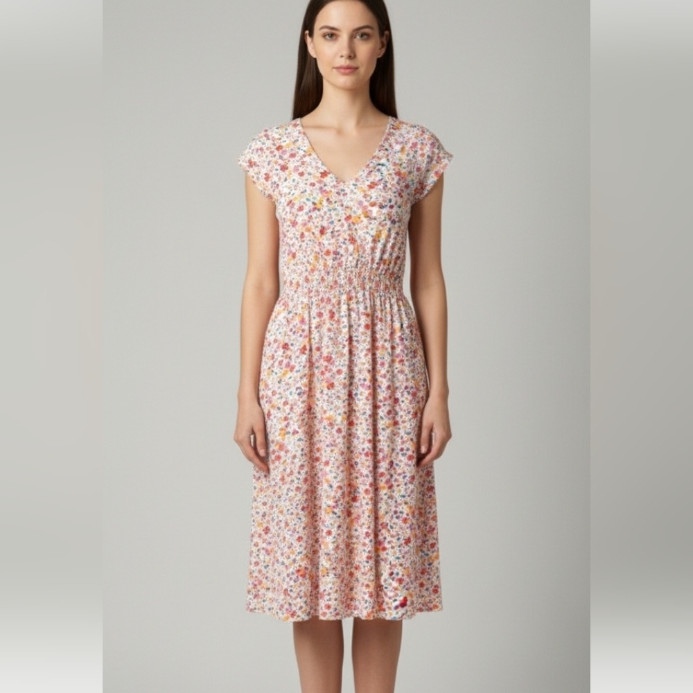 Indigo Rose Floral Midi Elastic Waist Rayon Women's Dress Size M